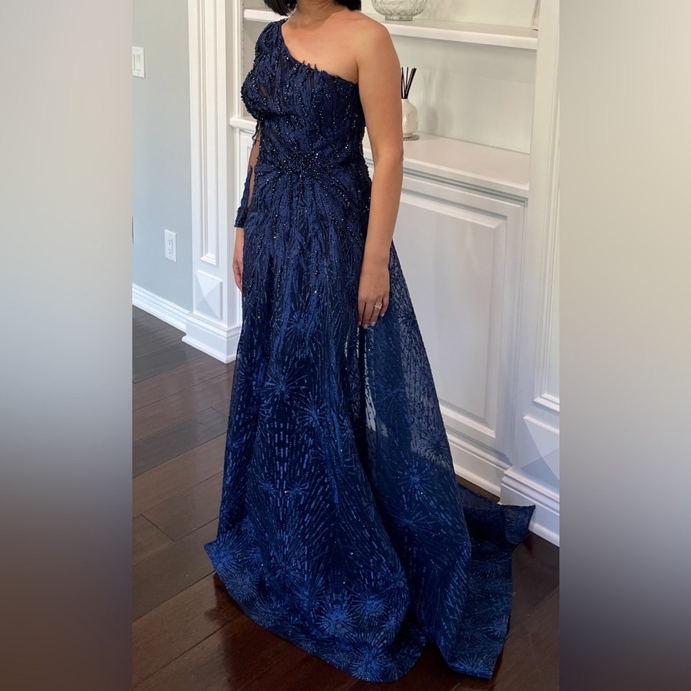 Mac Duggal Blue Gown - One Shoulder - Sweeping side train